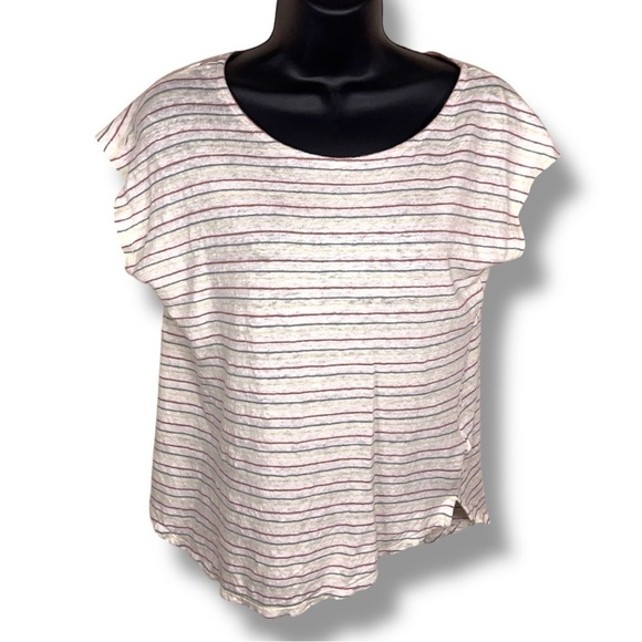 Large Cynthia Rowley Linen Striped Top Short Sleeve Ivory White Pink Blue - Picture 1 of 12